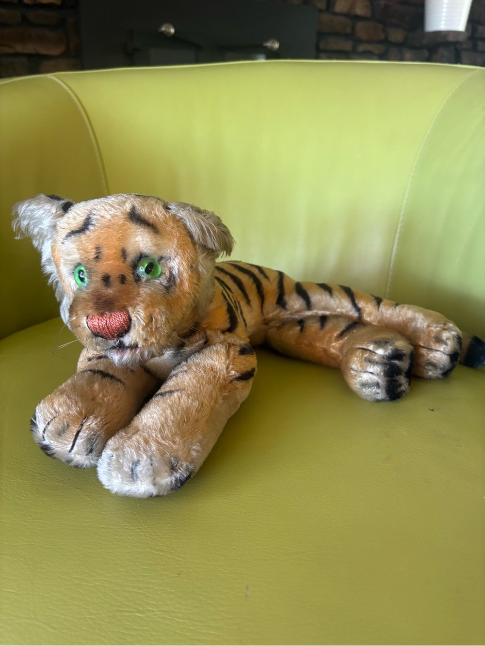 Steiff Vintage Mohair Tiger Stuffed Animal Plush Green Eyes Laying Tiger